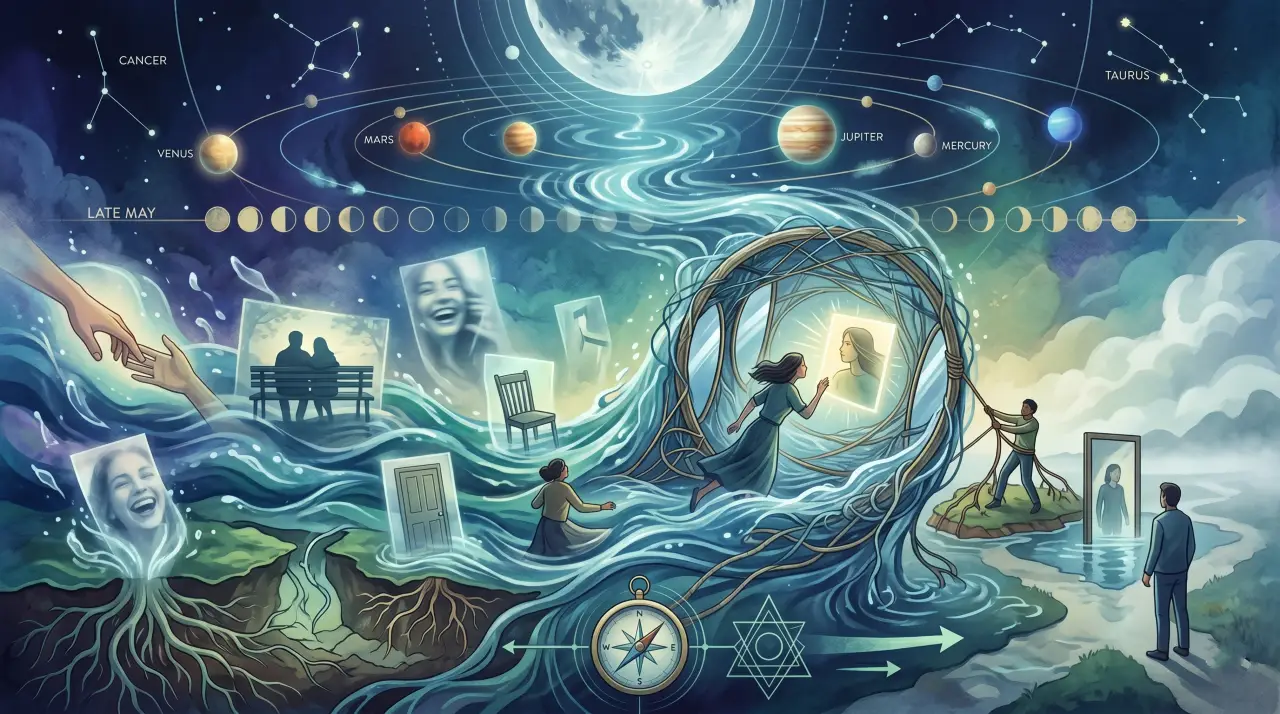 An atmospheric, wordless illustration blending astrology and psychology in deep indigo, sapphire, and emerald tones.
